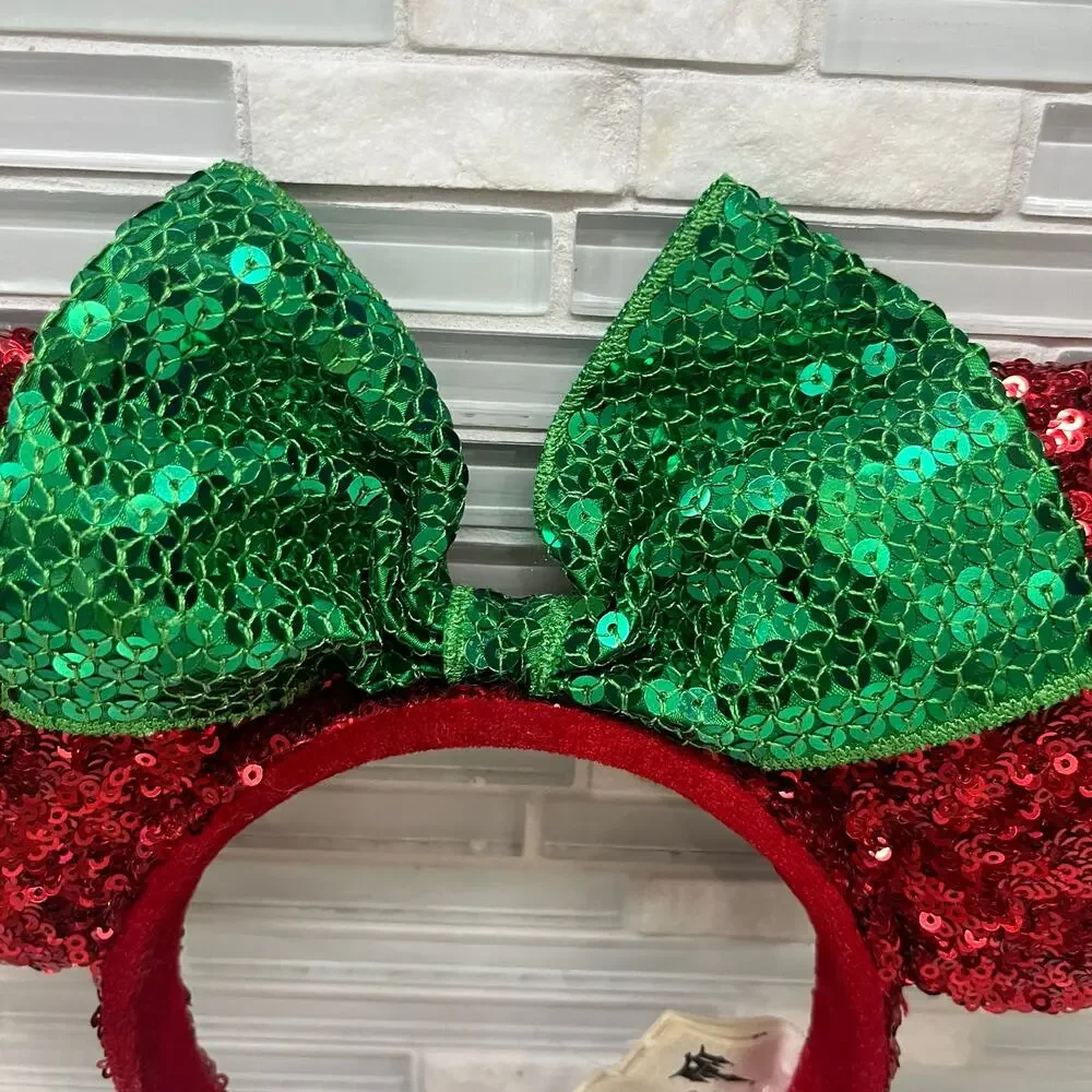 Disney Parks Minnie Mouse Christmas Headband Ears Red Green Sequins Holiday